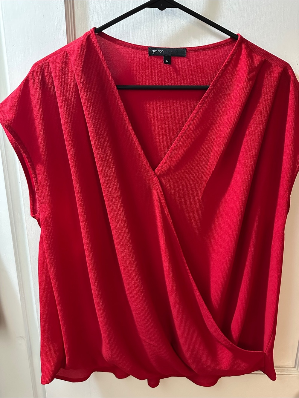 Gibson Red Faux-Wrap V-Neck Blouse